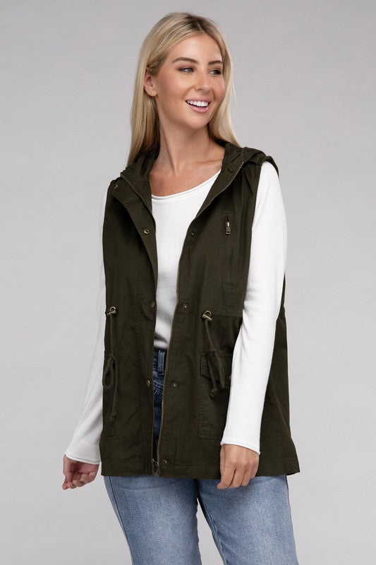 Drawstring Waist Military Hoodie Vest ZENANA