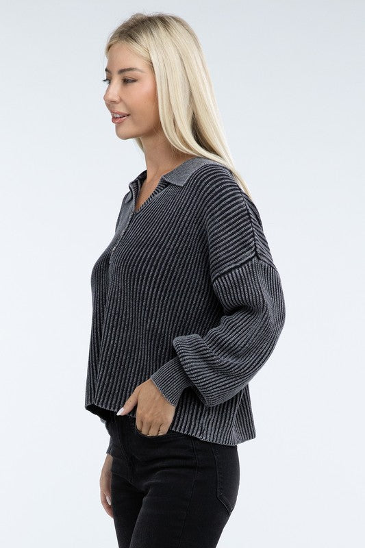 Washed Collared Henley Sweater ZENANA