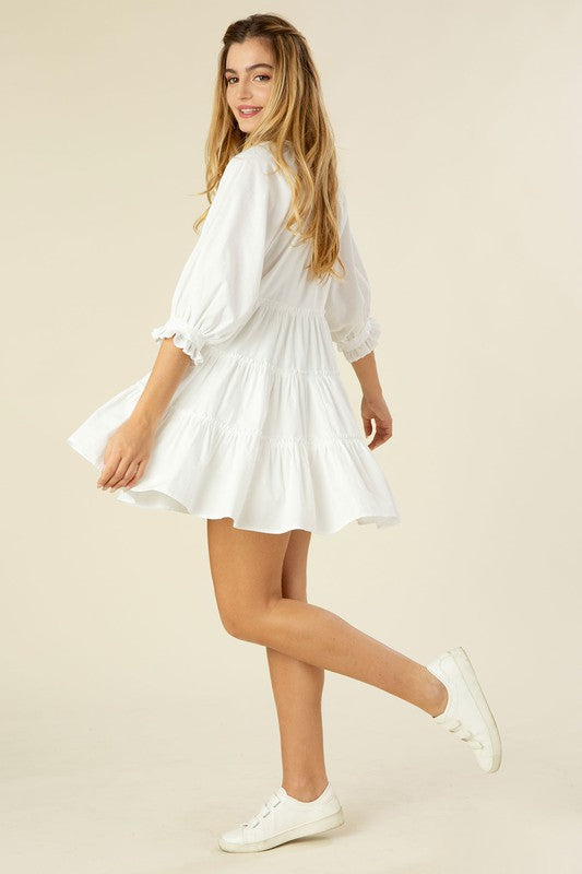 Lilou V-Neck 3/4 Raglan Sleeves Tiered Mini Dress With Tassel Lilou