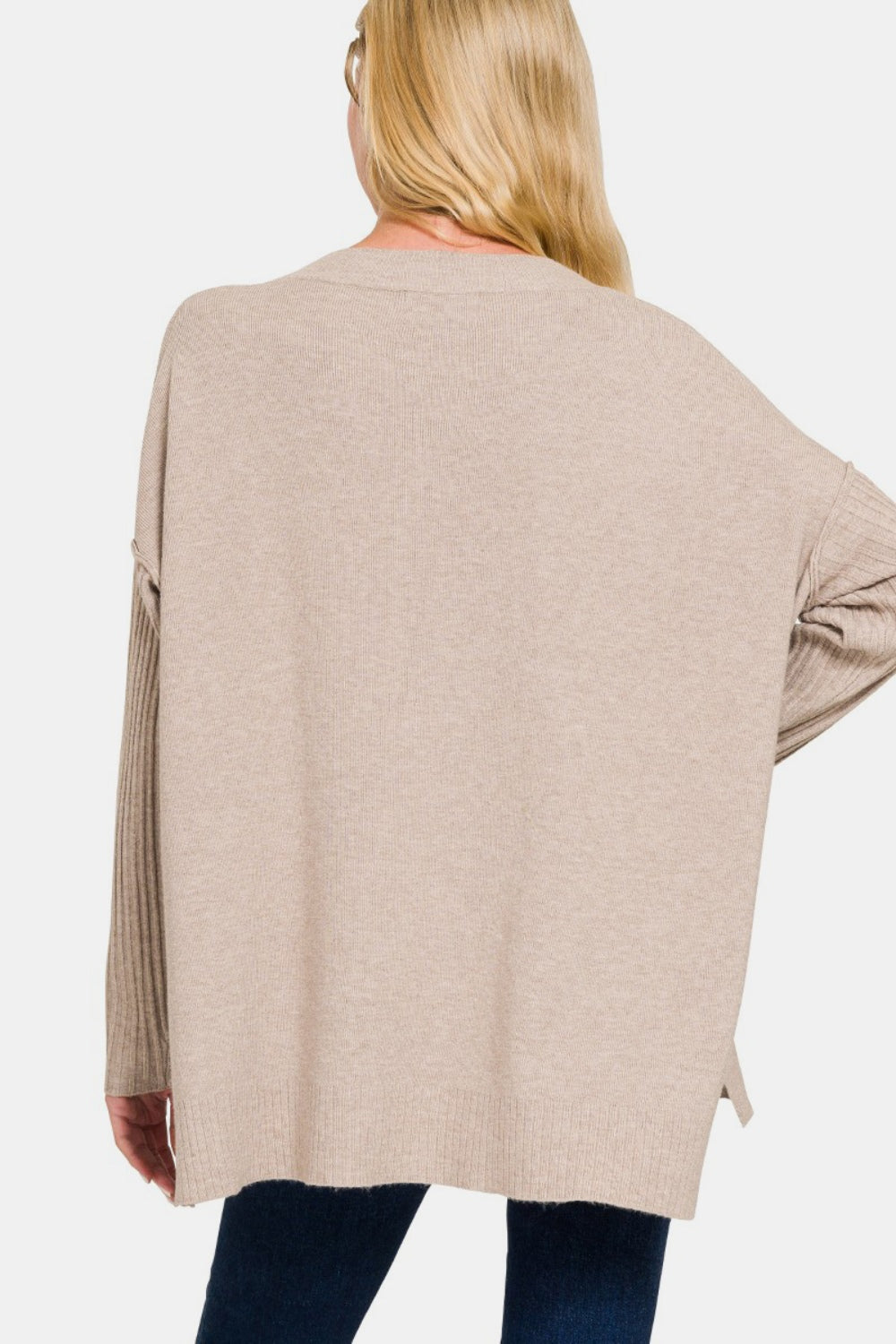 Zenana V-Neck Side Slit High-Low Sweater Trendsi