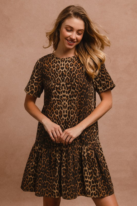 BiBi Tie Back Leopard Round Neck Short Sleeve Dress Trendsi