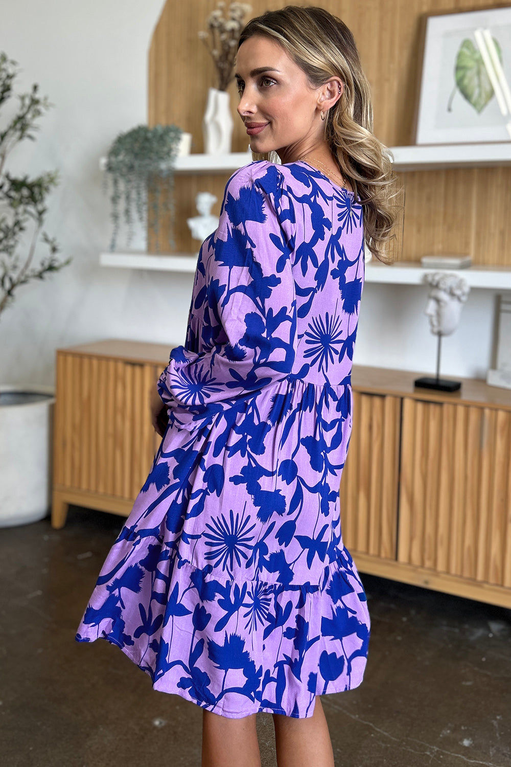 Double Take Full Size Printed Ruffle Hem Long Sleeve Midi Dress Double Take