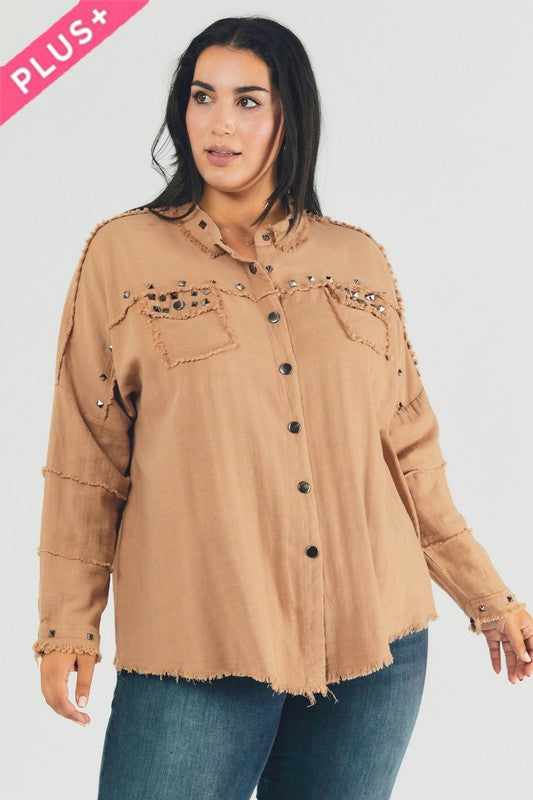 Plus Distressed hem button down oversize shirt Davi & Dani