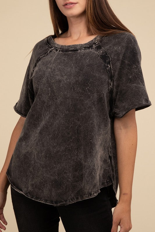 Back Patch Crinkle Washed Raglan Sleeve T-Shirt ZENANA