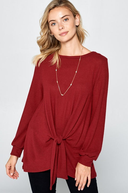 Super Lady Full Size Round Neck Knot Front Hacci Blouse Trendsi