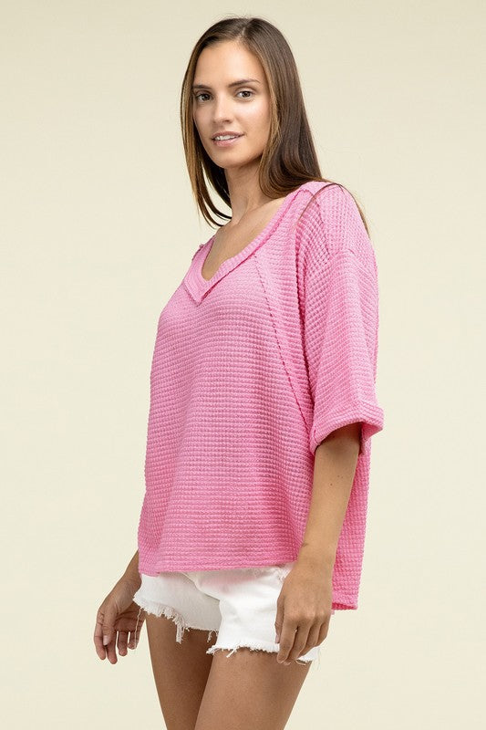 Zenana Brushed Waffle Exposed-Seam 3/4 Sleeve Top