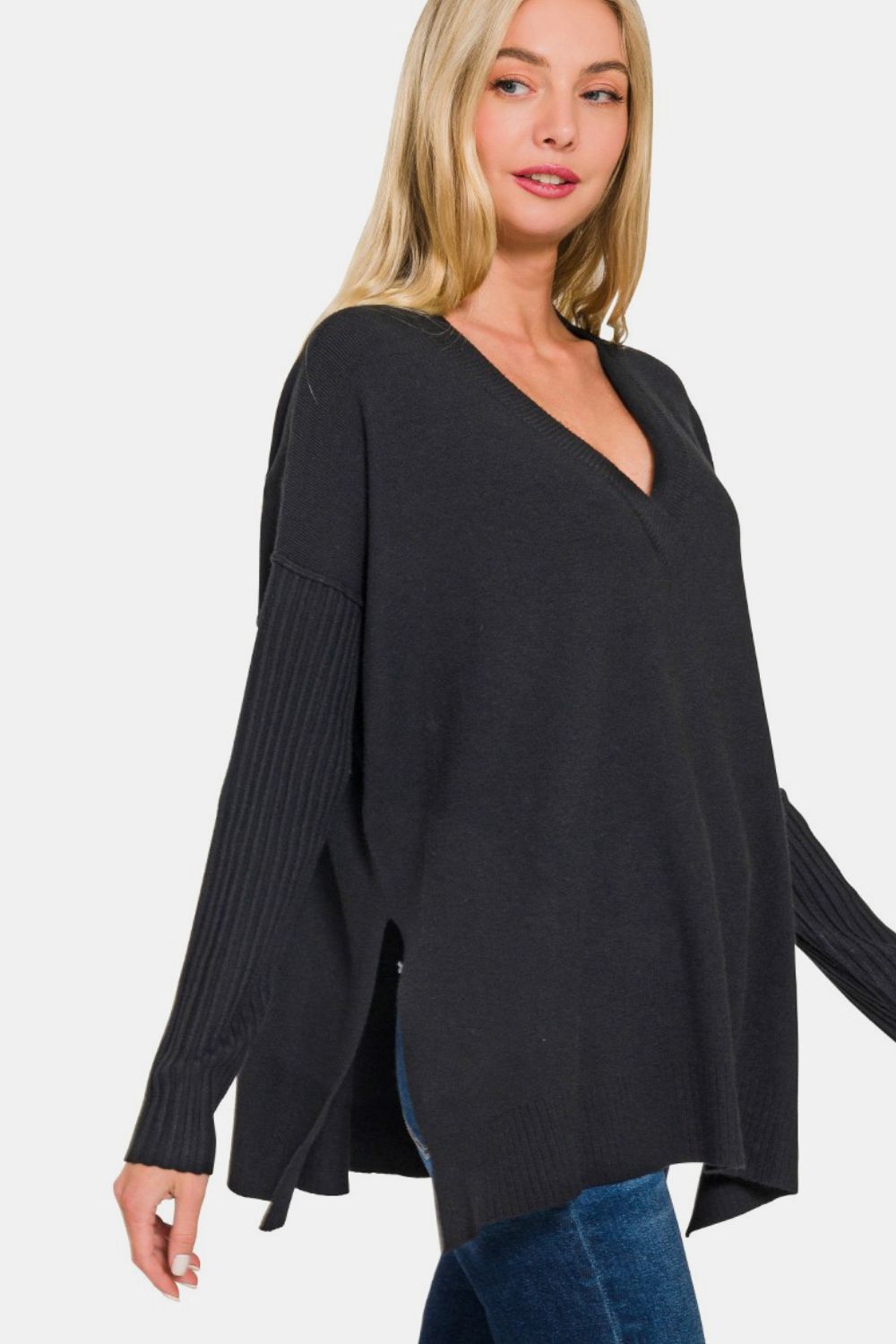 Zenana V-Neck Side Slit High-Low Sweater Trendsi