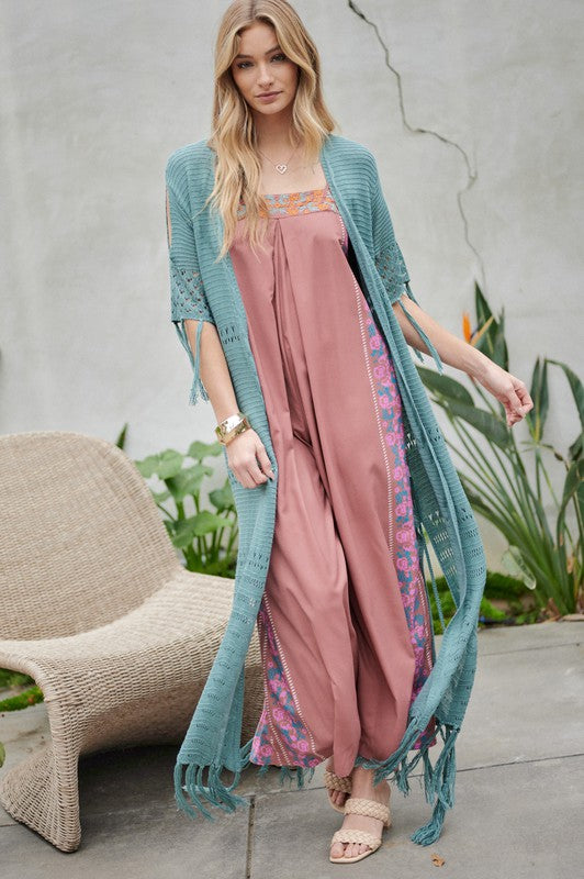 Solid Long Cardigan With Fringe Davi & Dani