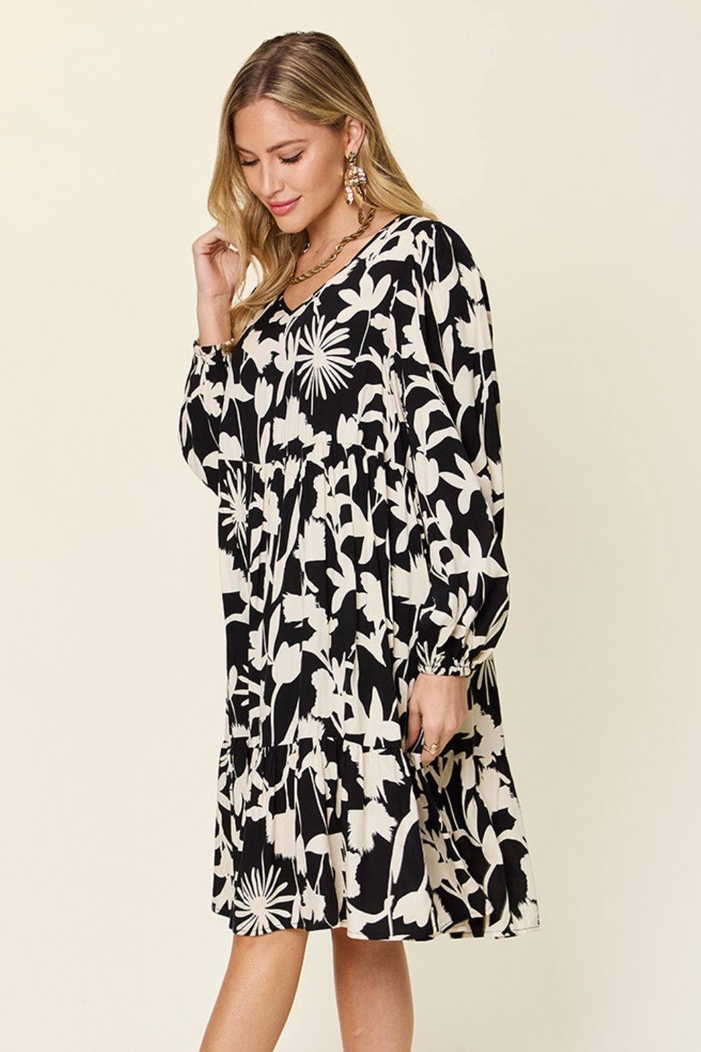 Double Take Full Size Printed Ruffle Hem Long Sleeve Midi Dress Double Take