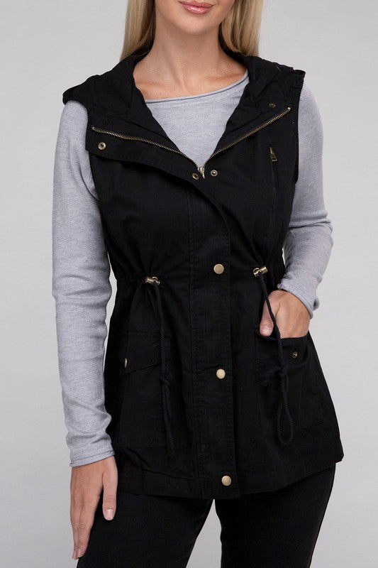 Drawstring Waist Military Hoodie Vest ZENANA