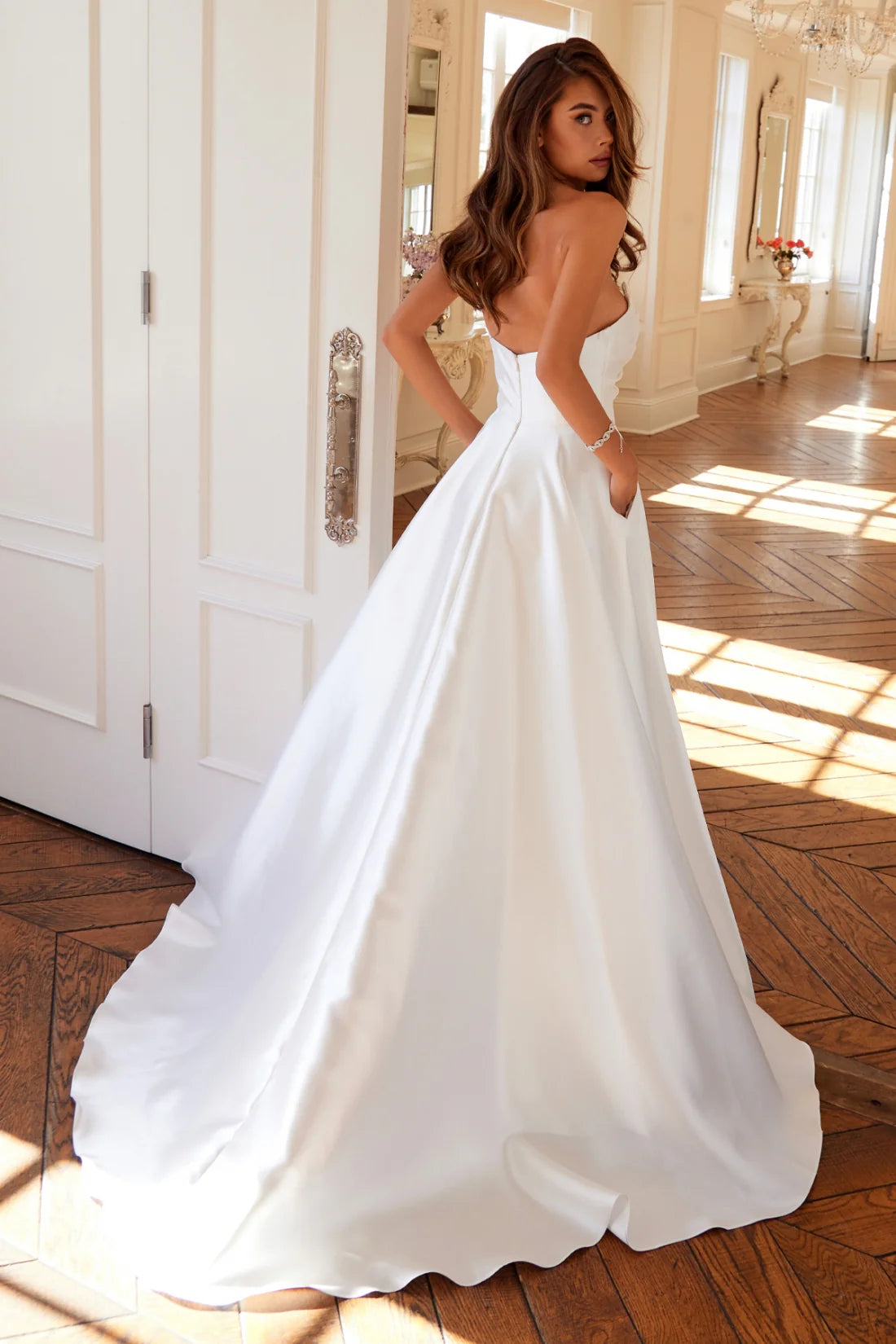 Juliet Stunning Swoop Neckline A-Line Satin Wedding Dress JT2885CW