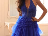 Juliet Halter Ruffled A-line Slit Gown JT2556S