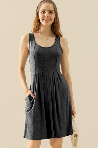 Doublju Full Size Round Neck Ruched Sleeveless Dress with Pockets - Rosa Apparel