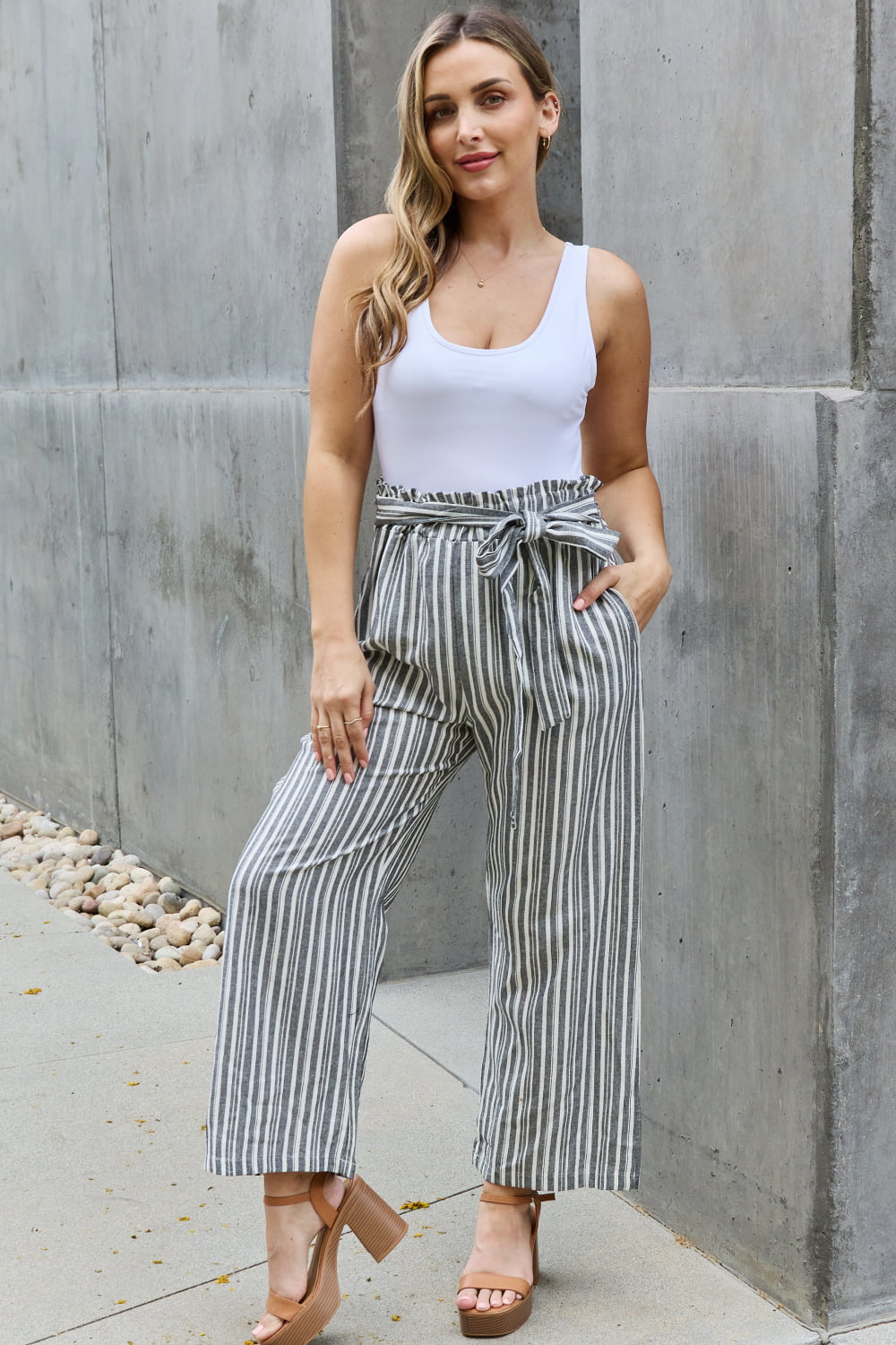 Heimish Find Your Path Full Size Paperbag Waist Striped Culotte Pants - Rosa Apparel