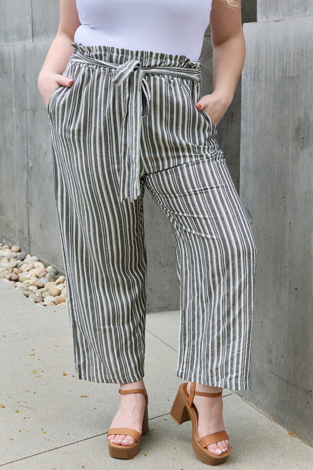 Heimish Find Your Path Full Size Paperbag Waist Striped Culotte Pants - Rosa Apparel