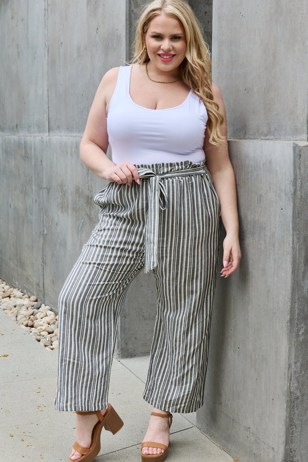 Heimish Find Your Path Full Size Paperbag Waist Striped Culotte Pants - Rosa Apparel