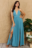 OneTheLand Captivating Muse Open Crossback Maxi Dress in Turquoise - Rosa Apparel