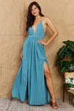 OneTheLand Captivating Muse Open Crossback Maxi Dress in Turquoise - Rosa Apparel